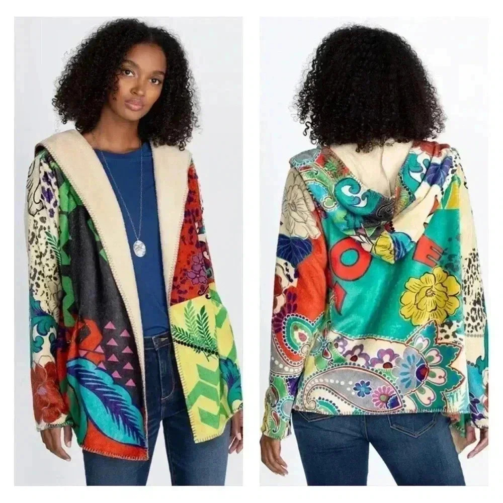 Johnny Was Peace Love Long Sleeve Sherpa Pullover Hoodie Colorful Boho Fuzzy